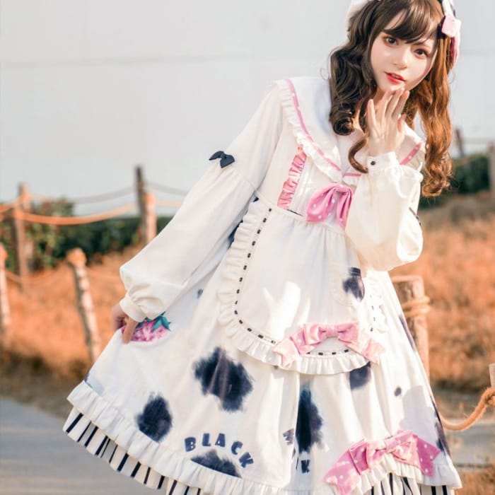 Set: Long-Sleeve Printed Bow Accent A-Line Dress + Apron-1