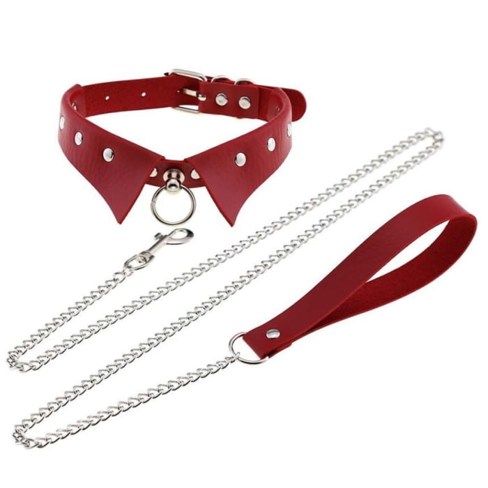 Studded Faux Leather Choker with Chained Leash-8