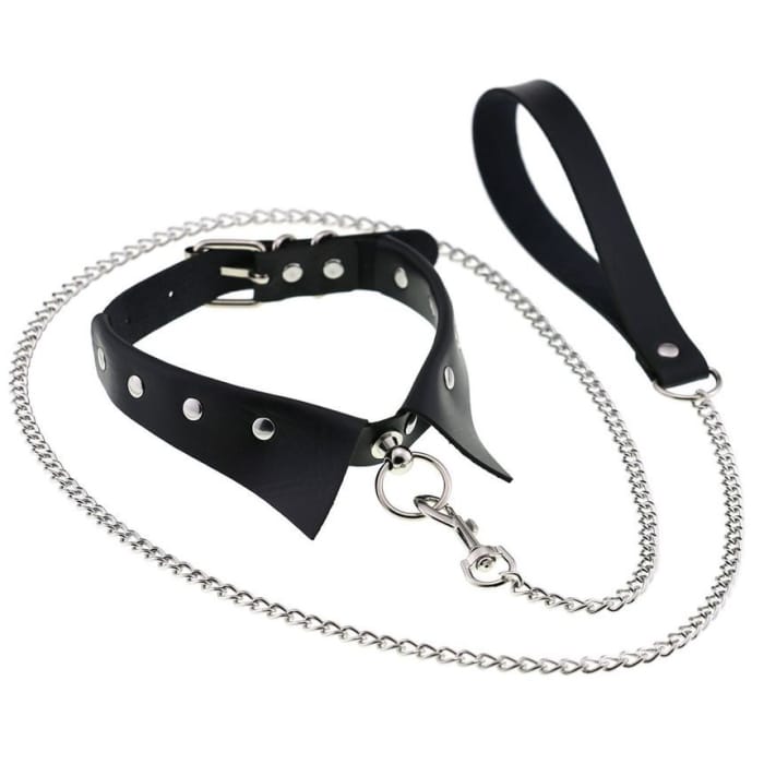 Studded Faux Leather Choker with Chained Leash-3