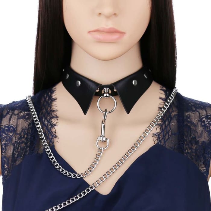 Studded Faux Leather Choker with Chained Leash-1