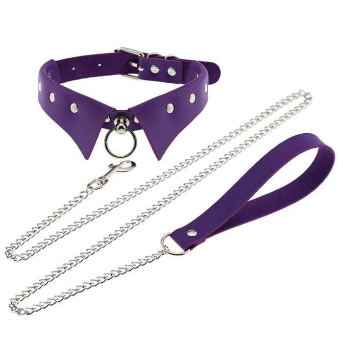 Studded Faux Leather Choker with Chained Leash-9