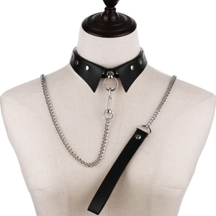 Studded Faux Leather Choker with Chained Leash-2