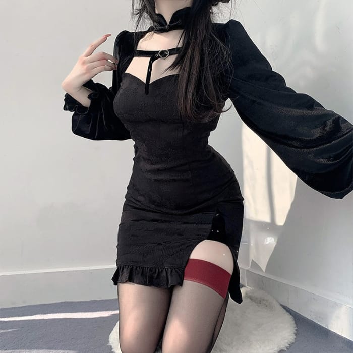 Sweet Elegant Black Open-Side Puff Dress ON659 - dress