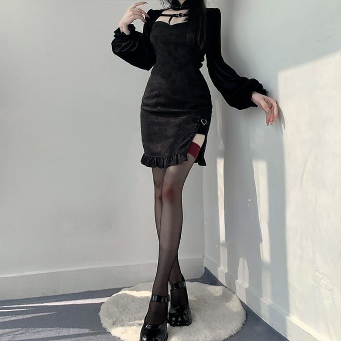 Sweet Elegant Black Open-Side Puff Dress ON659 - dress