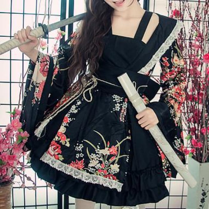 White/Pink/Red/Black Lolita Floral Maid Kimono CP1710542 - Cospicky